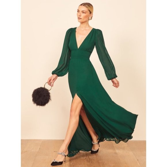 REFORMATION Metiers Dress Long Sleeve Emerald Slit Maxi Long V Neck Gown Small - Picture 2 of 11